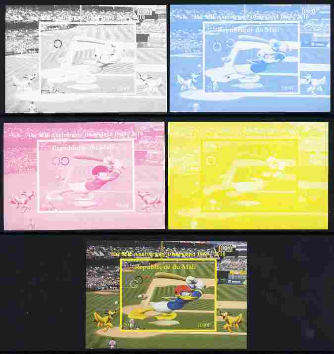 Mali 2010 The 55th Anniversary of Disneyland - Baseball #1 individual deluxe sheet - the set of 5 imperf progressive proofs comprising the 4 individual colours plus all 4-colour composite, unmounted mint, stamps on disney, stamps on films, stamps on cinema, stamps on movies, stamps on cartoons, stamps on sport, stamps on baseball
