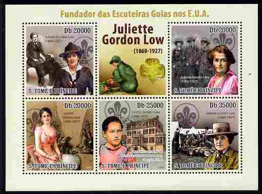 St Thomas & Prince Islands 2010 Juliette Gordon Low (Girl Scouts of America) perf sheetlet containing 5 values unmounted mint, stamps on scouts, stamps on guides, stamps on personalities, stamps on women