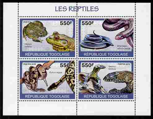 Togo 2010 Reptiles perf sheetlet containing 4 values unmounted mint , stamps on animals, stamps on reptiles, stamps on frogs, stamps on snakes