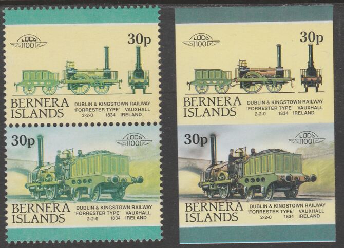 Bernera 1983 Locomotives #2 (Dublin & Kingstown Railway) 30p - Complete sheet of 30 (15 se-tenant pairs) all with red omitted plus  one imperf pair as normal, unmounted mint. About 30 years ago, I was one of the major buyers of the Format International archives. Now I've reached retirement age, I've decided to sell off much of that stock at unbeatable prices. For each sheet of 15 errors you'll just pay less than the price of 4., stamps on railways, stamps on errors, stamps on wholesale