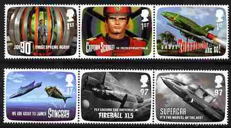 Great Britain 2011 FAB The Genius of Gerry Anderson perf set of 6 (2 se-tenant strios of 3) unmounted mint, stamps on cartoons, stamps on  tv , stamps on children