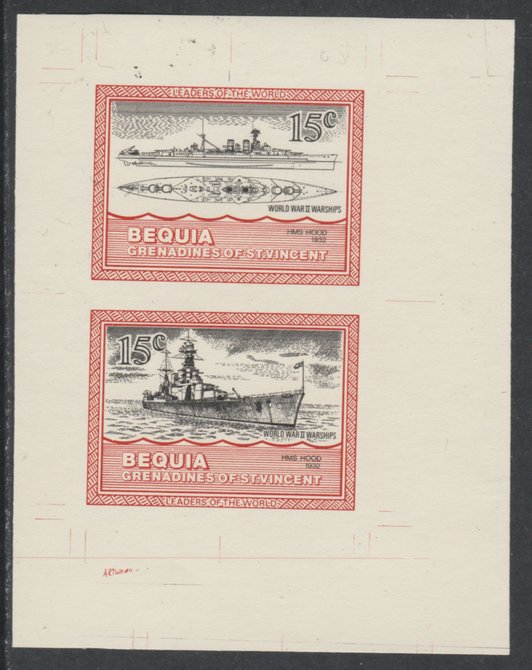 St Vincent - Bequia 1985 Warships of World War 2, 15c HMS Hood individual imperf se-tenant colour trial proof in black and orange (the colours of the issued $1) with buff background, ex Format International archives, stamps on ships, stamps on  ww2 , stamps on 