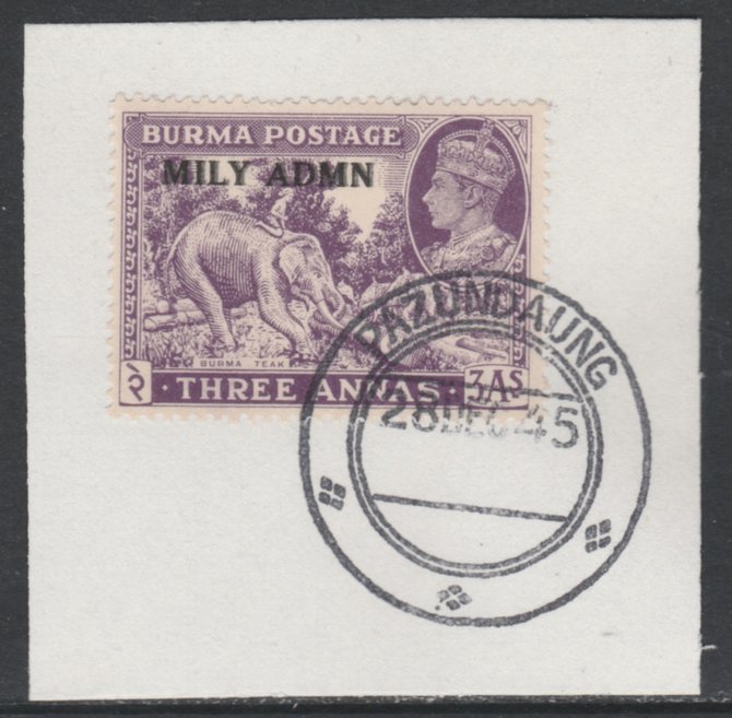 Burma 1945 Mily Admin opt on Elephant & Teak 3a violet SG 43 on piece with full strike of Madame Joseph forged postmark type 106, stamps on , stamps on  kg6 , stamps on elephants, stamps on teak, stamps on wood, stamps on timber