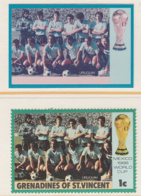 St Vincent - Grenadines 1986 World Cup Football 1c Uruguay Team - imperf Cromalin die proof (plastic card) in magenta & cyan only (plus issued stamp)rare proof item from ..., stamps on football  sport