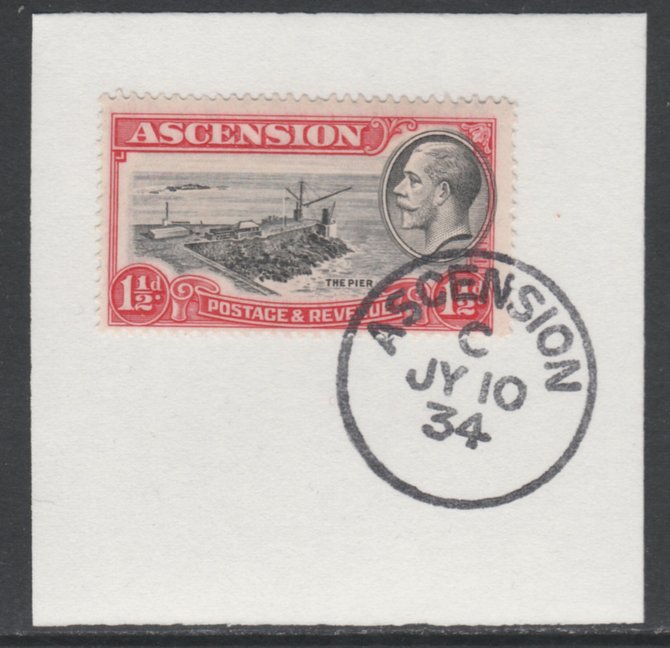 Ascension 1934 KG5 Pictorial 1.5d Pier SG 23 on piece with full strike of Madame Joseph forged postmark type 21, stamps on , stamps on  kg5 , stamps on 