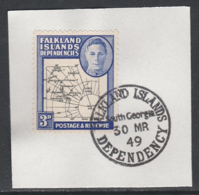 Falkland Islands Dependencies 1946-49 KG6 Thick Maps 3d on piece with full strike of Madame Joseph forged postmark type 158, SG G4, stamps on , stamps on  kg6 , stamps on maps, stamps on 