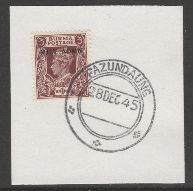 Burma 1945 Mily Admin opt on KG6 1a purple-brown SG 39 on piece with full strike of Madame Joseph forged postmark type 106, stamps on , stamps on  kg6 , stamps on 