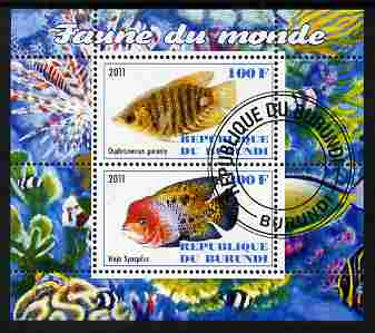 Burundi 2011 Fauna of the World - Fish #1 (Gourami & Vieja) perf sheetlet containing 2 values fine cto used, stamps on fish