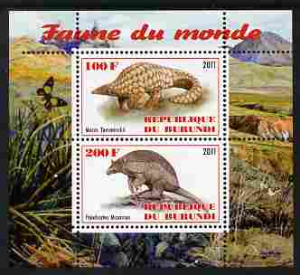 Burundi 2011 Fauna of the World - Mammals (Armidillos) perf sheetlet containing 2 values unmounted mint, stamps on animals, stamps on mammals, stamps on armidillos