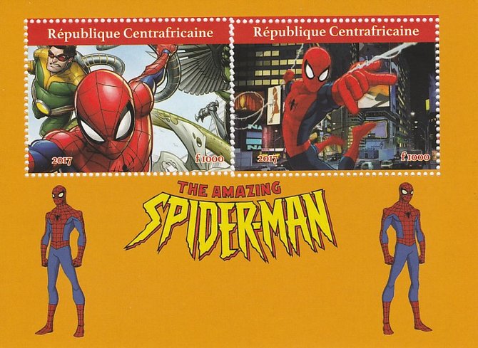 Central African Republic 2017 Spiderman perf sheetlet containing 2 values unmounted mint. Note this item is privately produced and is offered purely on its thematic appeal, stamps on films, stamps on cinema, stamps on movies, stamps on sci-fi, stamps on spiderman