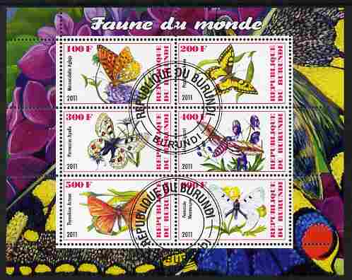 Burundi 2011 Fauna of the World - Butterflies #2 perf sheetlet containing 6 values fine cto used, stamps on , stamps on  stamps on butterflies