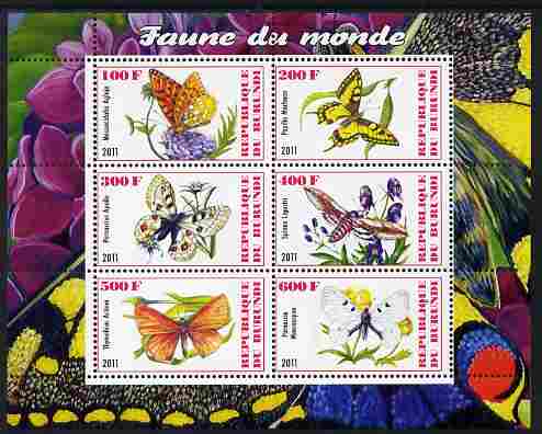 Burundi 2011 Fauna of the World - Butterflies #2 perf sheetlet containing 6 values unmounted mint, stamps on butterflies