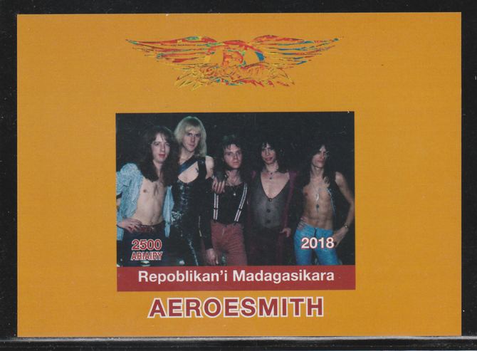 Madagascar 2018 Aeroesmith imperf souvenir sheet unmounted mint. Note this item is privately produced and is offered purely on its thematic appeal., stamps on music, stamps on pops, stamps on rock, stamps on aeroesmith