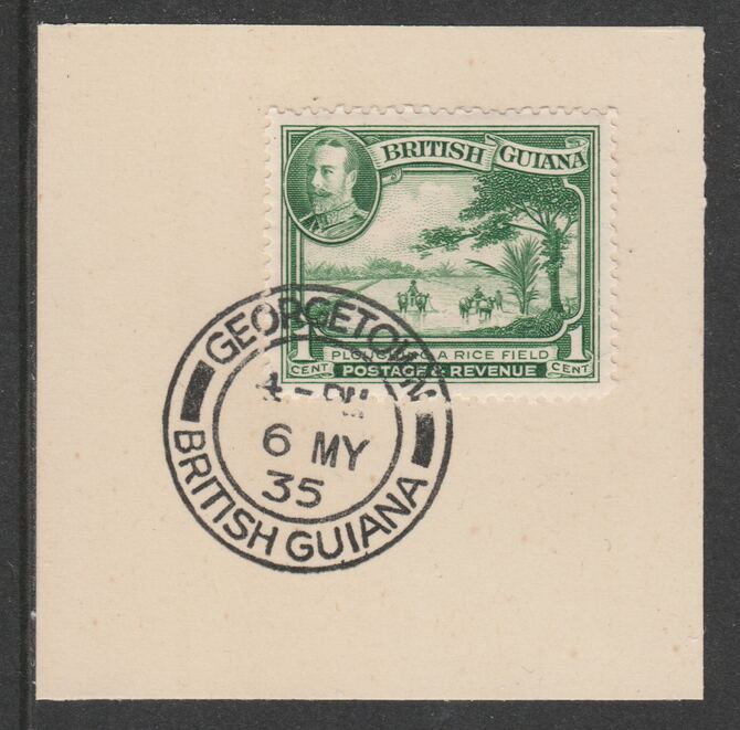 British Guiana 1934-51 KG5 Pictorial 1c emerald (SG288) on piece with full strike of Madame Joseph forged postmark type 69, stamps on , stamps on  kg5 , stamps on ploughing, stamps on  rice
