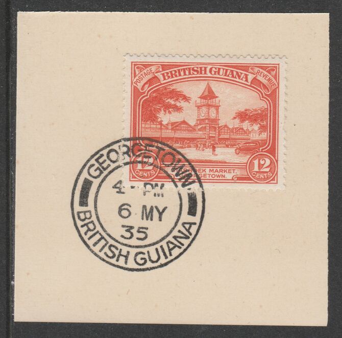 British Guiana 1934-51 KG5 Pictorial 12c red-orange (SG293) on piece with full strike of Madame Joseph forged postmark type 69, stamps on , stamps on  kg5 , stamps on market