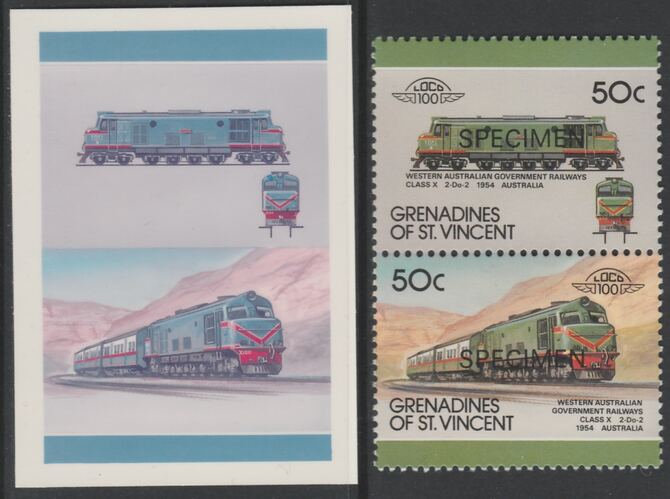 St Vincent - Grenadines 1987 Locomotives #8 (Leaders of the World) 50c Western Australia Class X se-tenant imperf die proof in magenta & cyan only on Cromalin plastic car..., stamps on railways