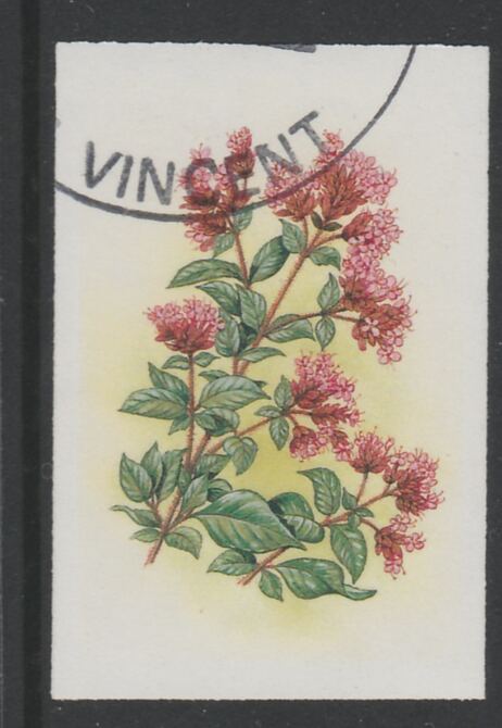 St Vincent 1985 Herbs & Spices 35c Sweet Marjoram imperf proof in 3 colours only (yellow, cyan & magenta), fine used with part St Vincent cancellation, produced for a promotion. Ex Format archives (as SG 869) , stamps on , stamps on  stamps on food      herbs & spices
