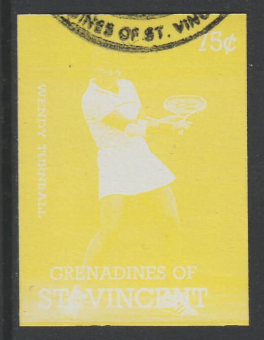 St Vincent - Grenadines 1988 International Tennis Players 75c Wendy Turnbull imperf proof in yellow only, fine used with part St Vincent Grenadines cancellation, produced for a promotion. Ex Format archives (as SG 584) , stamps on personalities, stamps on sport, stamps on tennis