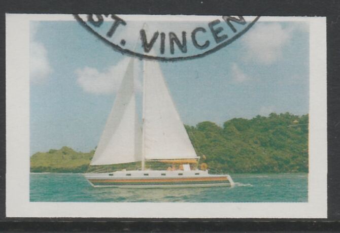 St Vincent 1988 Tourism $5 Cruising Yacht imperf proof in 3 colours only (magenta, cyan & yellow), fine used with part St Vincent cancellation, produced for a promotion. Ex Format International archives (as SG 1136) , stamps on tourism, stamps on sailing, stamps on yachts
