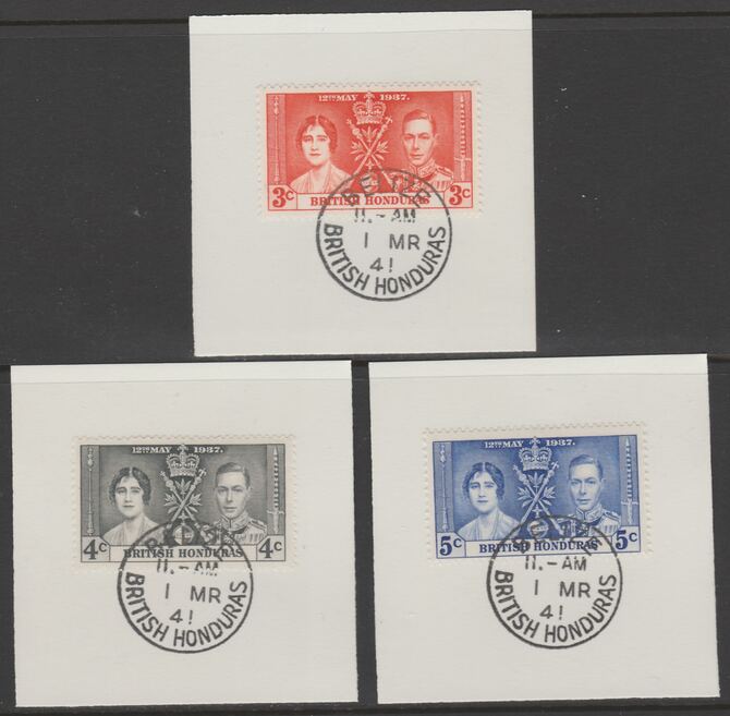 British Honduras 1937 KG6 Coronation set of 3 each on individual piece cancelled with full strike of Madame Joseph forged postmark type 77, stamps on coronation, stamps on  kg6 , stamps on forgeries