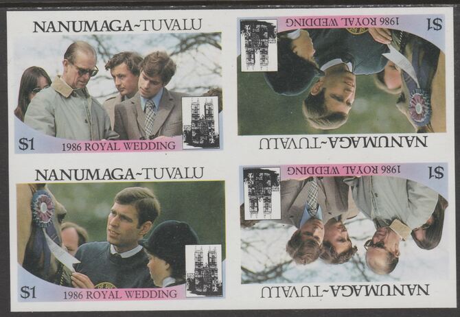Tuvalu - Nanumaga 1986 Royal Wedding (Andrew & Fergie) $1 imperf proof block of 4 (two se-tenant pairs) unmounted mint from an uncut proof sheet and rare thus, stamps on royalty, stamps on andrew, stamps on fergie, stamps on 
