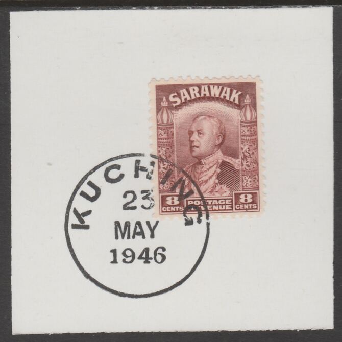Sarawak 1934 Sir Charles Brooke 8c red-brown on piece cancelled with full strike of Madame Joseph forged postmark type 378, stamps on , stamps on  kg5 , stamps on forgeries