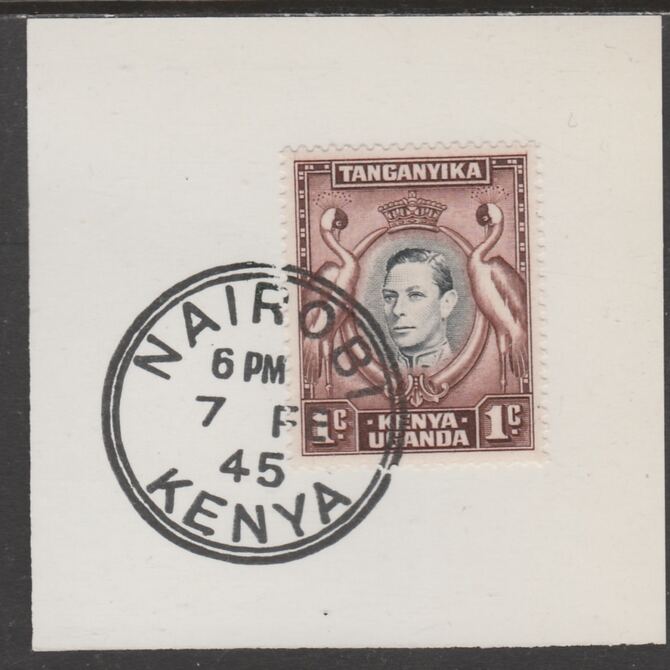 Kenya, Uganda & Tanganyika 1938 KG6 1c black & red-brown on piece cancelled with full strike of Madame Joseph forged postmark type 226, stamps on , stamps on  kg6 , stamps on forgeries