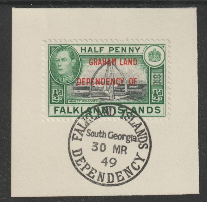 Falkland Islands Dependencies - Graham Land 1944 overprint on KG6 Pictorial 1/2d (SG A1) on piece with full strike of Madame Joseph forged postmark type 158, stamps on , stamps on  stamps on , stamps on  stamps on  kg6 , stamps on  stamps on forgery, stamps on  stamps on 