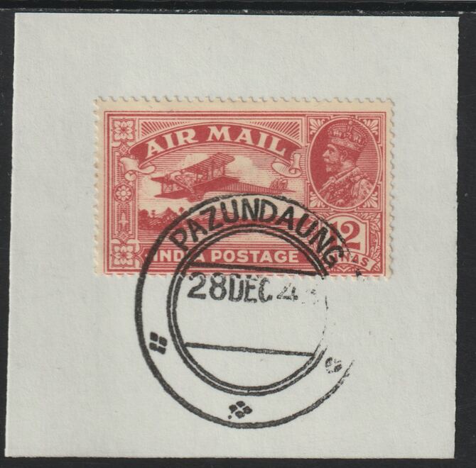 India Used in Burma 1929 Air 12a rose-red on piece with full strike of Madame Joseph forged postmark type 106, stamps on , stamps on  kg5 , stamps on forgery, stamps on aviation