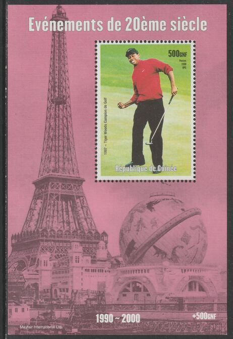 Guinea - Conakry 1998 Events of the 20th Century 1990-2000 Tiger Wioods Golf Champion perf souvenir sheet unmounted mint. Note this item is privately produced and is offered purely on its thematic appeal , stamps on millennium, stamps on eiffel tower, stamps on personalities, stamps on sports, stamps on golf