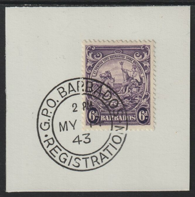 Barbados 1938 KG6 Britannia 6d violet on piece with full strike of Madame Joseph forged postmark type 47, stamps on , stamps on  kg6 , stamps on forgery, stamps on madame joseph