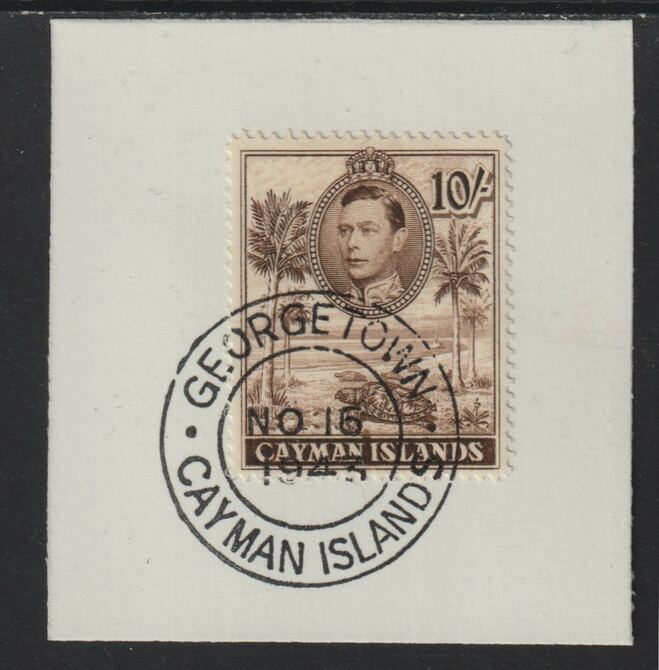 Cayman Islands 1938 KG6 Pictorial def 10s chocolate (Turtles) on piece with full strike of Madame Joseph forged postmark type 116 or 118, stamps on forgery, stamps on madame joseph
