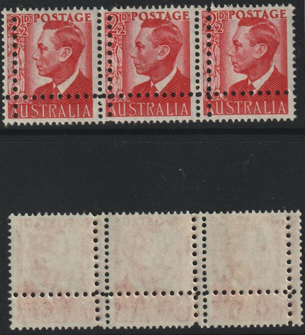 Australia 1950 King George VI 2.5d scarlet horiz strip of 3 with perforations doubled (stamps are quartered), unmounted mint. Note: the stamps are genuine but the additional perfs are a slightly different gauge identifying it to be a forgery., stamps on royalty, stamps on forgery