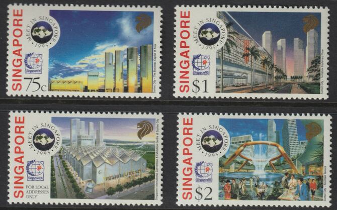 Singapore 1995 Opening of International Convention & Exhibition Centre set of 4 unmounted mint as SG 786-89 , stamps on orchids, stamps on stamp exhibitions