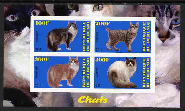 Burundi 2011 Domestic Cats #3 - blue background imperf sheetlet containing 4 values unmounted mint, stamps on animals, stamps on cats