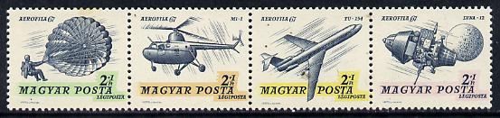 Hungary 1967 'Aerofila '67' Airmail Stamp Exhibition #2 se-tenant perf strip of 4 (Parachute, Helicopter, Airliner & Lunar 12 ) unmounted mint, Mi 2351-54, stamps on , stamps on  stamps on aviation, stamps on  stamps on space, stamps on  stamps on helicopter, stamps on  stamps on parachutes, stamps on  stamps on stamp exhibitions