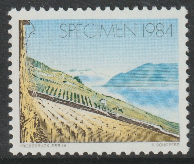 Cinderella  1984 dummy stamp inscribed SPECIMEN showing a lakeside landscape, unmounted mint, stamps on cinderella, stamps on landscapes