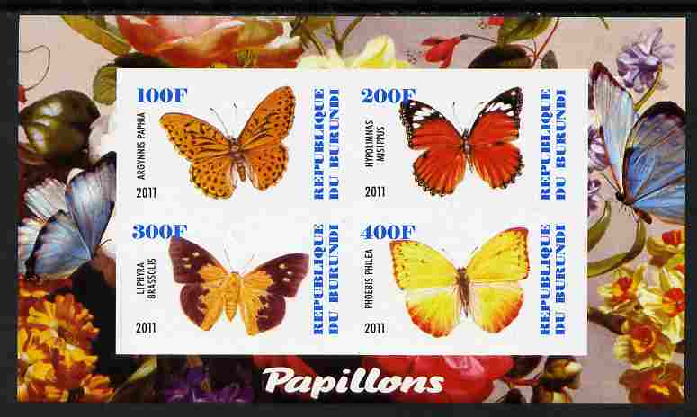 Burundi 2011 Fauna of the World - Butterflies #3 imperf sheetlet containing 4 values unmounted mint, stamps on butterflies