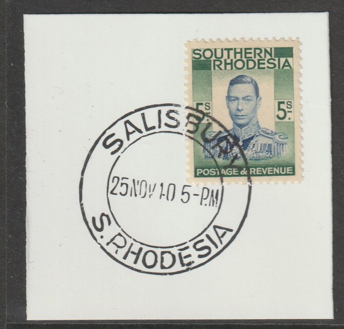 Southern Rhodesia 1937 KG6 def 5s blue & blue-green on piece with full strike of Madame Joseph forged postmark type 332, stamps on , stamps on  stamps on , stamps on  stamps on  kg6 , stamps on  stamps on forgery, stamps on  stamps on forgeries