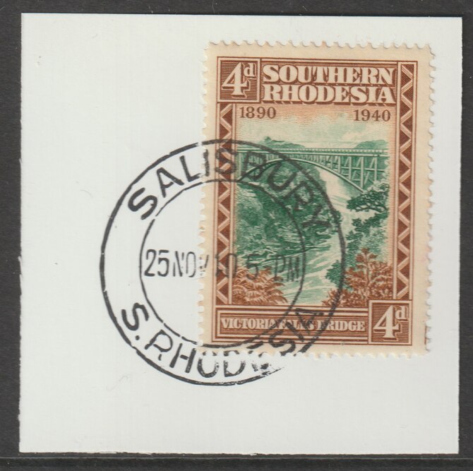 Southern Rhodesia 1940 Golden Jubilee South Africa Company 4d on piece with full strike of Madame Joseph forged postmark type 332, stamps on , stamps on  stamps on , stamps on  stamps on  kg6 , stamps on  stamps on forgery, stamps on  stamps on forgeries, stamps on  stamps on bridges, stamps on  stamps on waterfalls