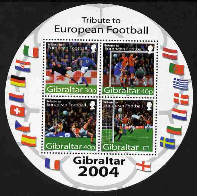 Gibraltar 2004 Football European Championship perf m/sheet (containing set of 4 in circular shaped sheet) unmounted mint SG MS1087b, stamps on football