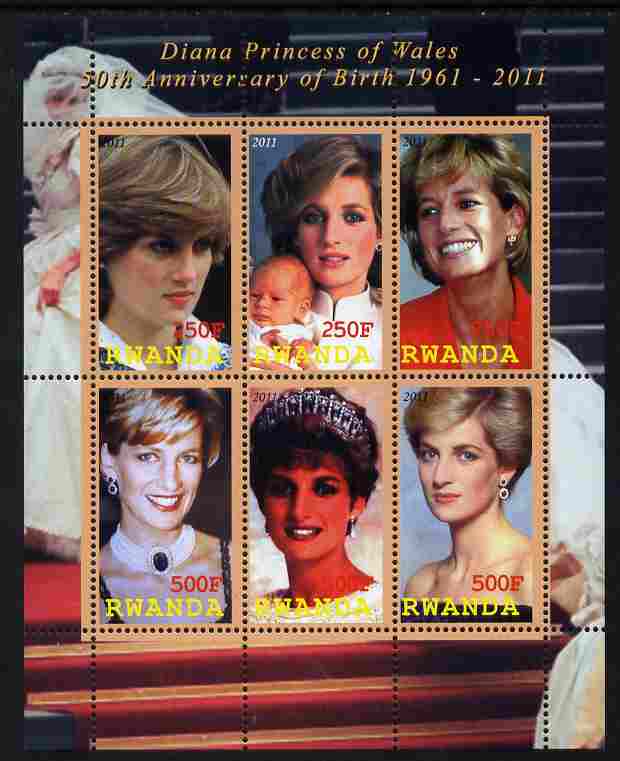Rwanda 2011 50th Birth Anniversary of Princess Diana perf sheetlet containing 6 values unmounted mint, stamps on personalities, stamps on royalty, stamps on diana