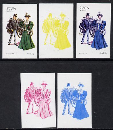 Staffa 1974 Costumes 15p (Street Wear 1895) set of 5 imperf progressive colour proofs comprising 3 individual colours (red, blue & yellow) plus 3 and all 4-colour composites unmounted mint, stamps on costumes