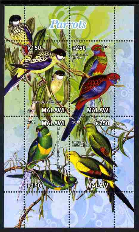 Malawi 2011 Parrots #2 perf sheetlet containing 6 values unmounted mint, stamps on birds, stamps on parrots