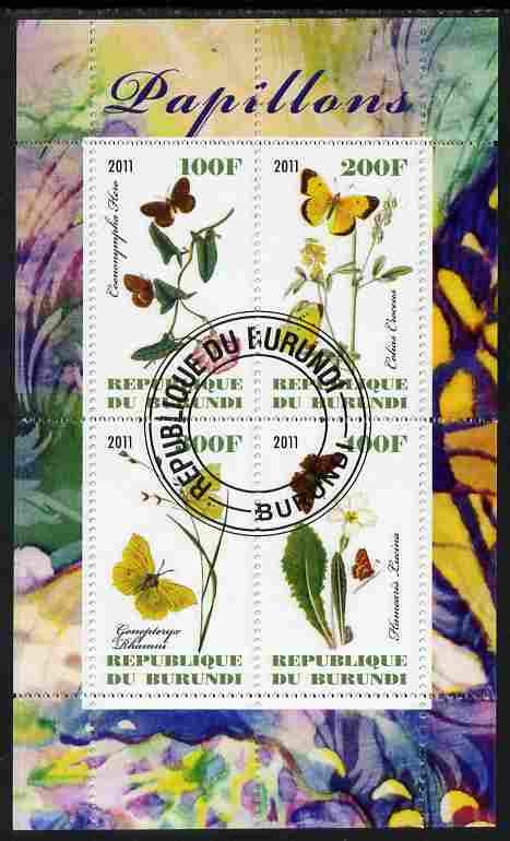 Burundi 2011 Butterflies #1 perf sheetlet containing 4 values fine cto used, stamps on butterflies