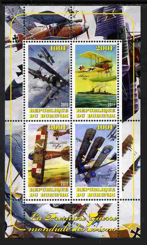 Burundi 2011 Aircraft of WW1 #1 perf sheetlet containing 4 values unmounted mint, stamps on aviation, stamps on  ww1 , stamps on ships, stamps on seaplanes