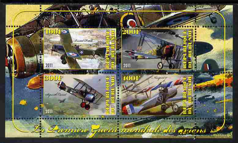 Burundi 2011 Aircraft of WW1 #2 perf sheetlet containing 4 values unmounted mint, stamps on aviation, stamps on  ww1 , stamps on 