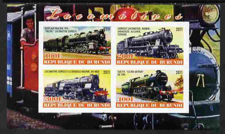 Burundi 2011 Steam Locomotives #3 imperf sheetlet containing 4 values unmounted mint, stamps on railways
