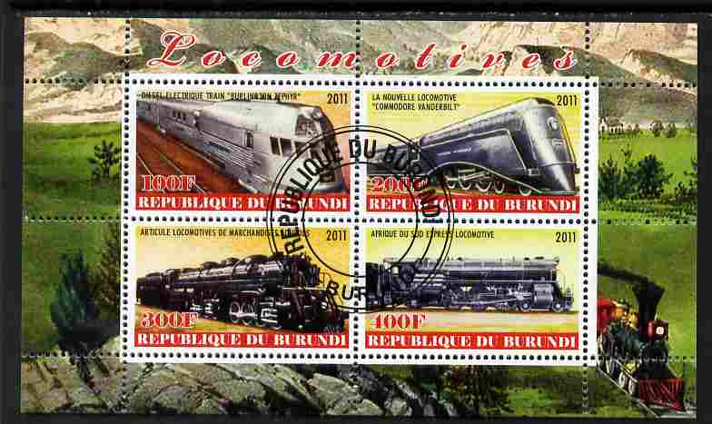 Burundi 2011 Steam Locomotives #5 perf sheetlet containing 4 values fine cto used, stamps on railways