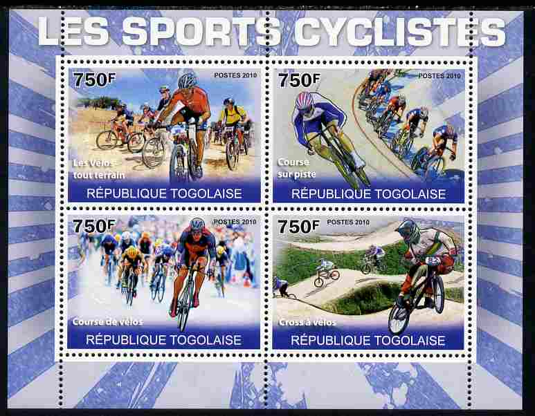 Togo 2010 Cycling perf sheetlet containing 4 values unmounted mint Yvert 2268-71, stamps on sport, stamps on bicycles